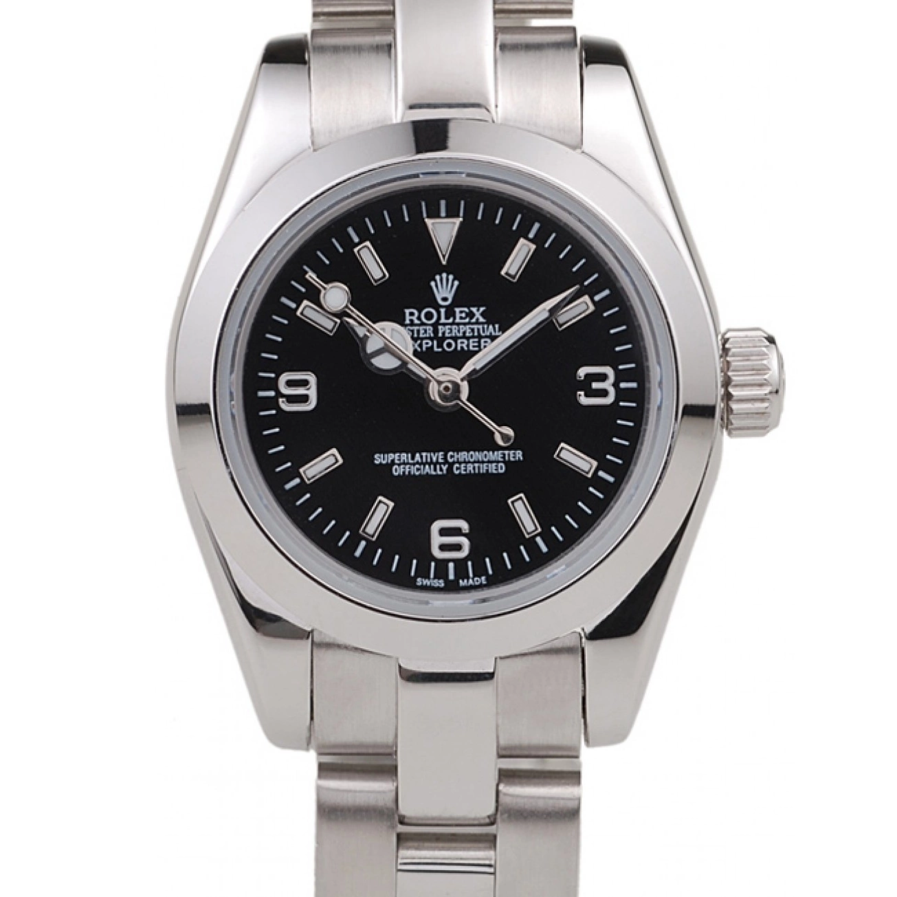 Aaa replica watch Explorer Dial Polished Stainless Steel Rolex Black 98089 0630